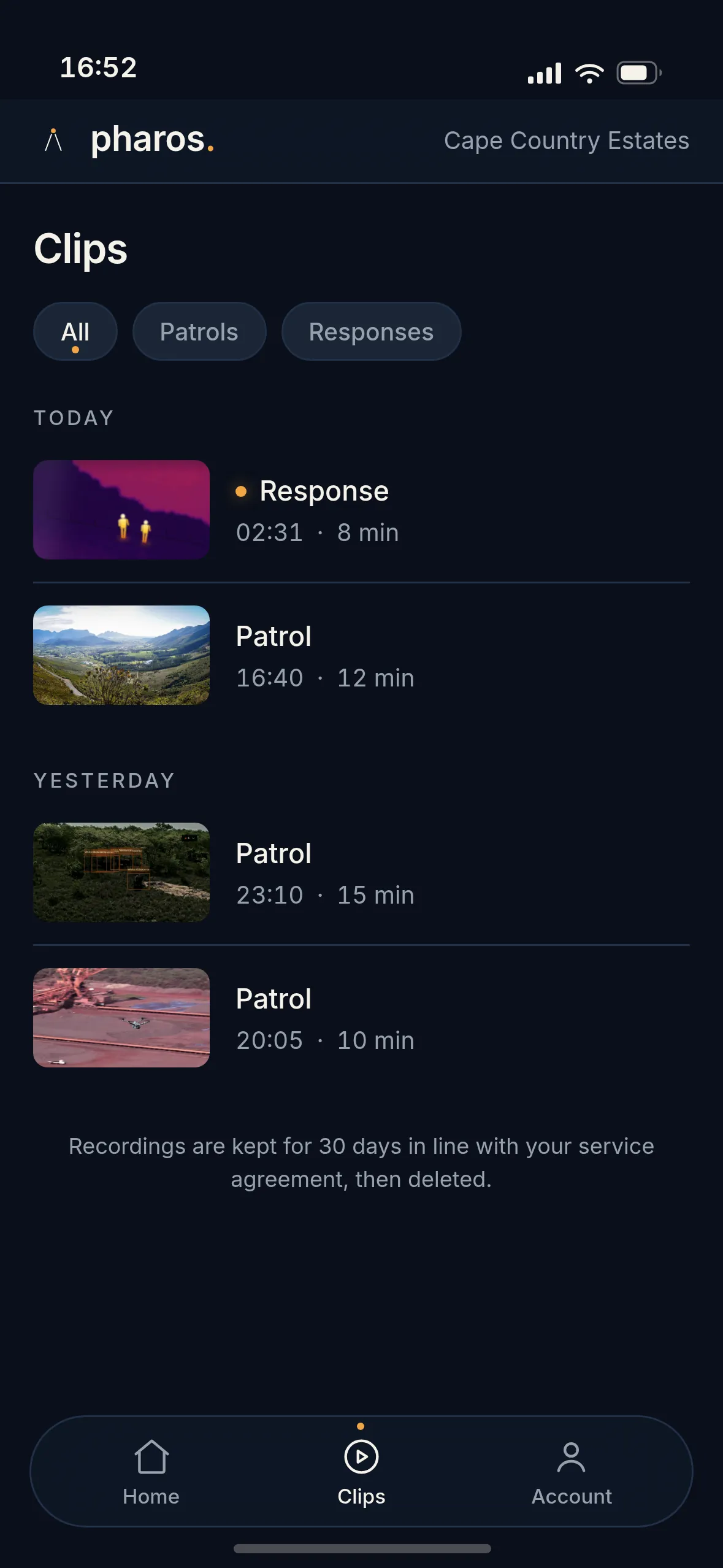 The Pharos app clip list, grouped under today and yesterday, each patrol and response with its start time and length