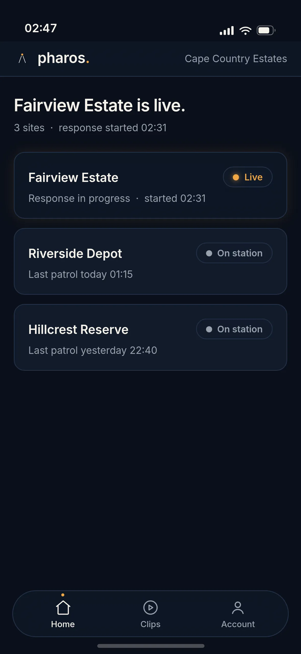 The Pharos app home screen. The first line reads Fairview Estate is live, with two more sites listed below it as on station