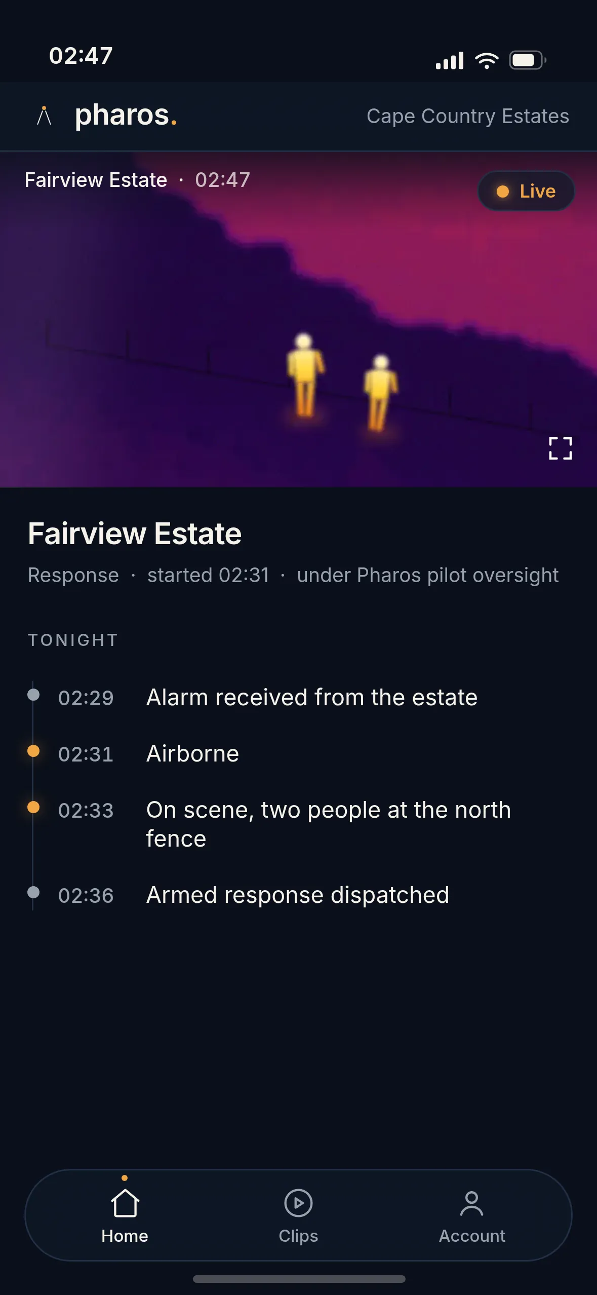 The Pharos app during a response: a live thermal feed of two people walking at a fence line, with the times the alarm came in, the aircraft went up and armed response was dispatched