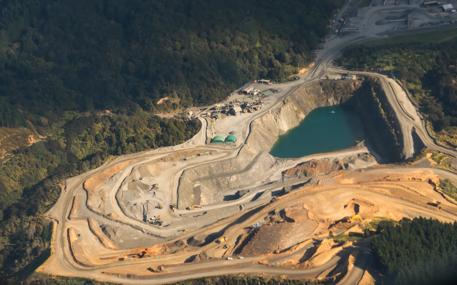 A quarry from the air, benches, haul roads and stockpiles