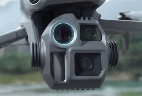 The aircraft’s gimbal in macro: thermal, wide, tele and laser rangefinder apertures in one turret